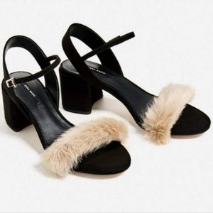 Zara Blogger Black Faux Fur Heels Sandals
